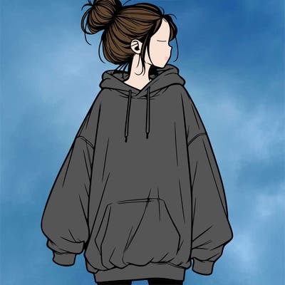 realistic girl with a oversized sweatshirt on and a bun
