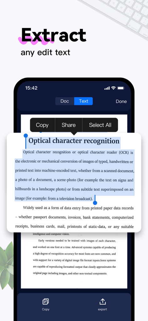 MobiScanner - PDF Scanner App - スキャンされたドキュメントからOCR技術を使用してテキストを抽出しているMobiScannerアプリを表示するスマートフォンの画面