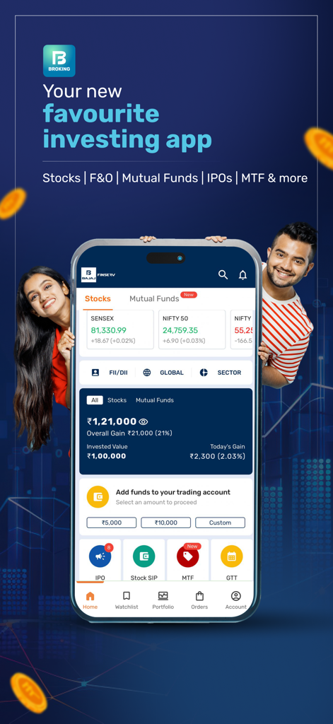 Bajaj Broking mobile app dashboard showing stock market indices and investment portfolio