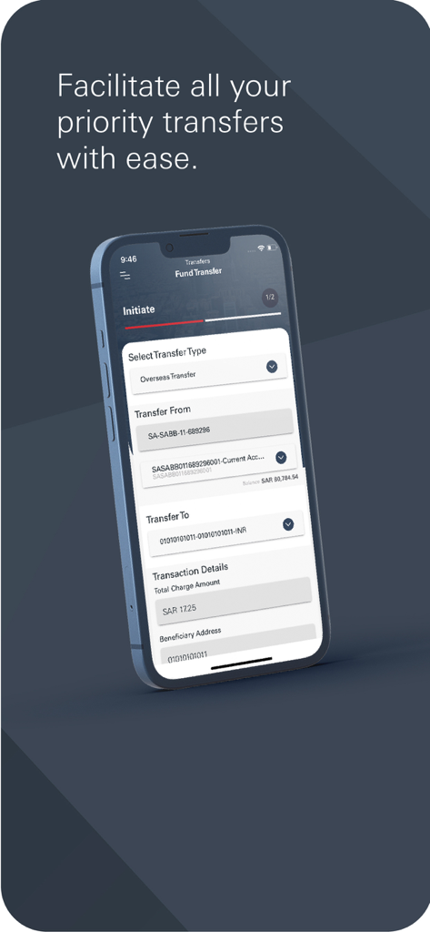 SAB iCorp - Pantalla de la aplicación móvil SAB iCorp que muestra la iniciación de una transferencia de fondos al extranjero para banca empresarial.