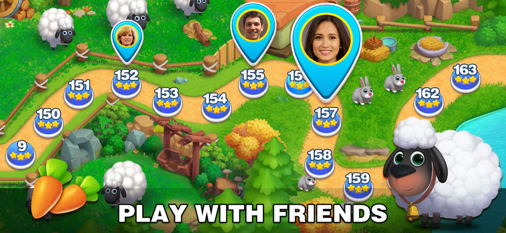 A game progression map in Solitaire Farm Tripeaks showing levels and friend avatars on a farm background.