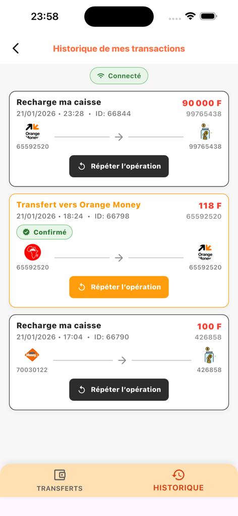 Faris - Transaction history screen in the Faris app showing mobile money transfers and account recharges