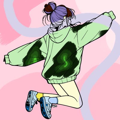 realistic girl jumping with a bun and oversized sweatshirt
