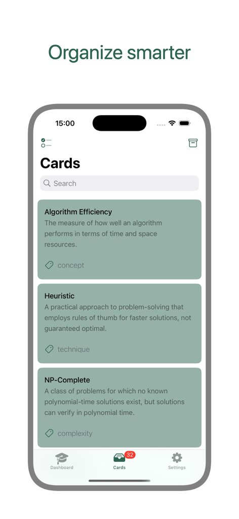 Cognito — AI Flashcards - La aplicación Cognito AI Flashcards muestra una lista de tarjetas de estudio organizadas en una pantalla móvil