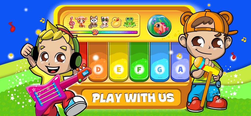 Cartoon characters Vlad and Niki posing with a colorful piano, guitar, and microphone in a musical learning app for children.