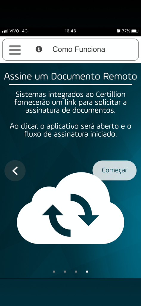 Certillion - Interface do aplicativo Certillion mostrando o recurso de assinatura remota de documentos com um ícone de nuvem