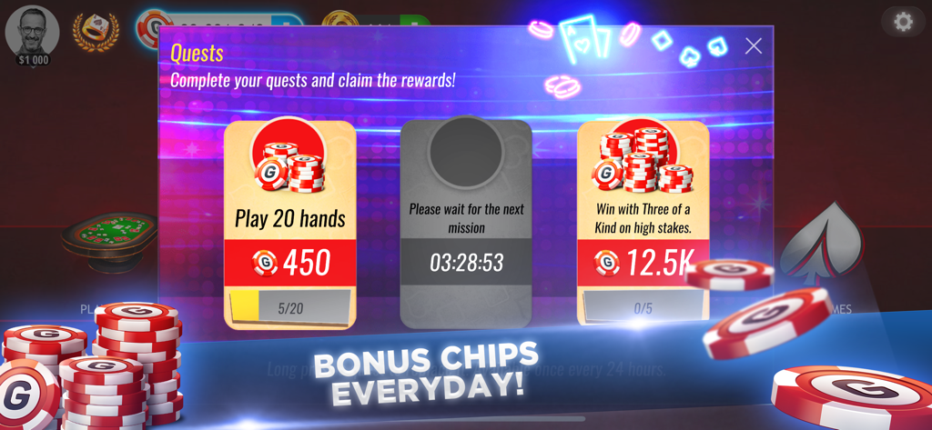 Poker Texas Holdem Live Pro - Pantalla de misiones diarias y recompensas de fichas de bonificación en Poker Texas Holdem Live Pro