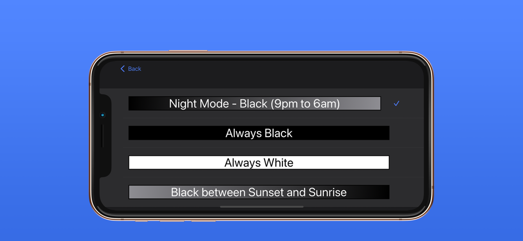 ShowTime Simple Clock Display - A settings menu for a clock app showing options for night mode and day mode background colors