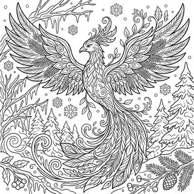 Unleash your creativity with this enchanting Forest Phoenix coloring page set in a serene winter wonderland. Its intricate details and mythical subject offer a truly captivating artistic escape.