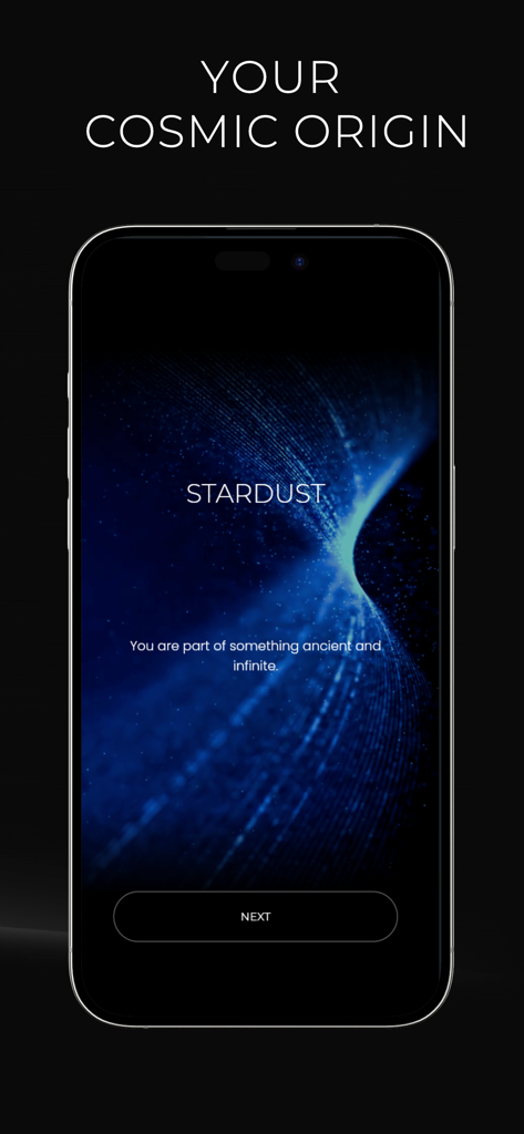 Una pantalla de smartphone de la aplicación Portal Paralelo mostrando la sesión de meditación Stardust con un fondo de partículas cósmicas.