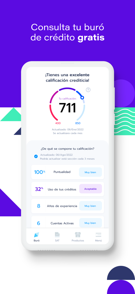 Zenfi mobile app interface showing a Mexican credit score of 711 with financial health factors like punctuality and credit usage