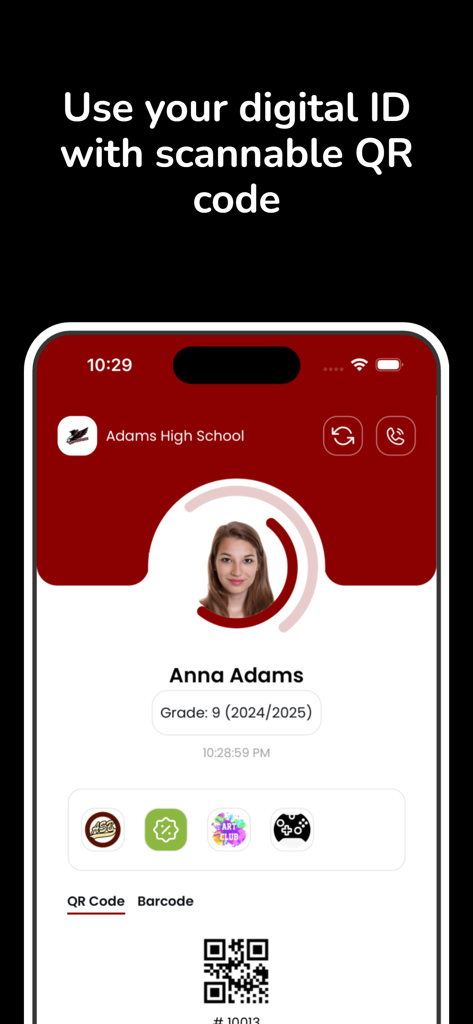 Digital student ID interface from the 5-Star Students app displaying a profile picture and scannable QR code
