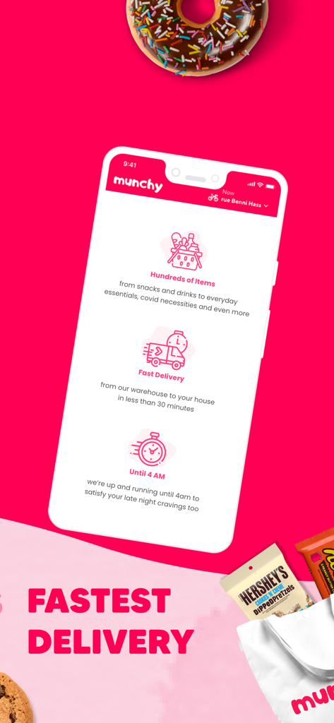 Munchy - Munchy app interface highlighting fast delivery under 30 minutes and late night service until 4 AM.