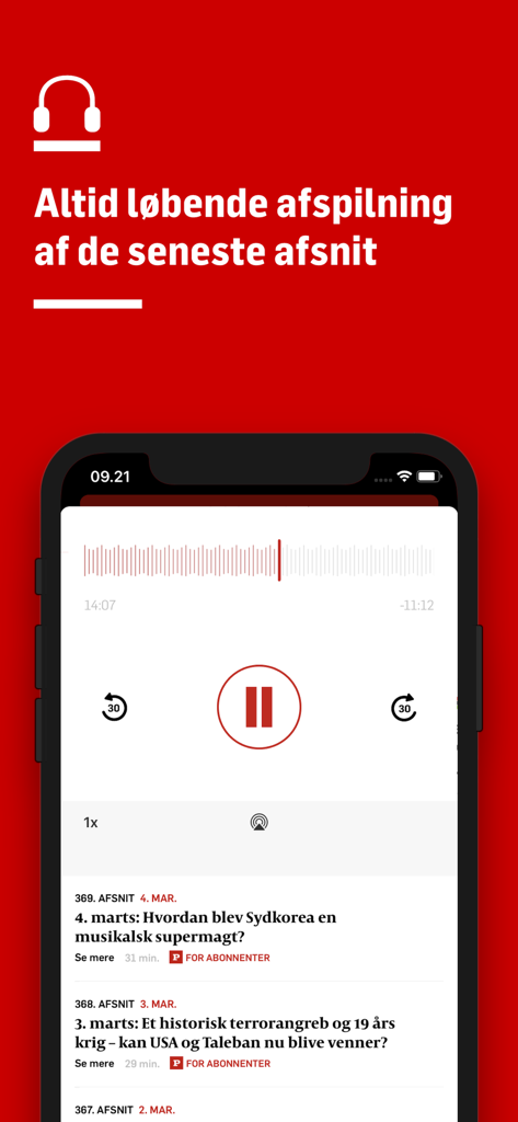 Politiken Podcast - Politiken Podcast app interface showing audio controls and a list of latest episodes.
