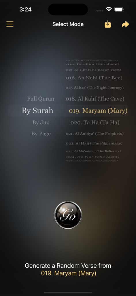 The selection mode screen in the Random Quran Verse app where users can choose to generate verses by surah
