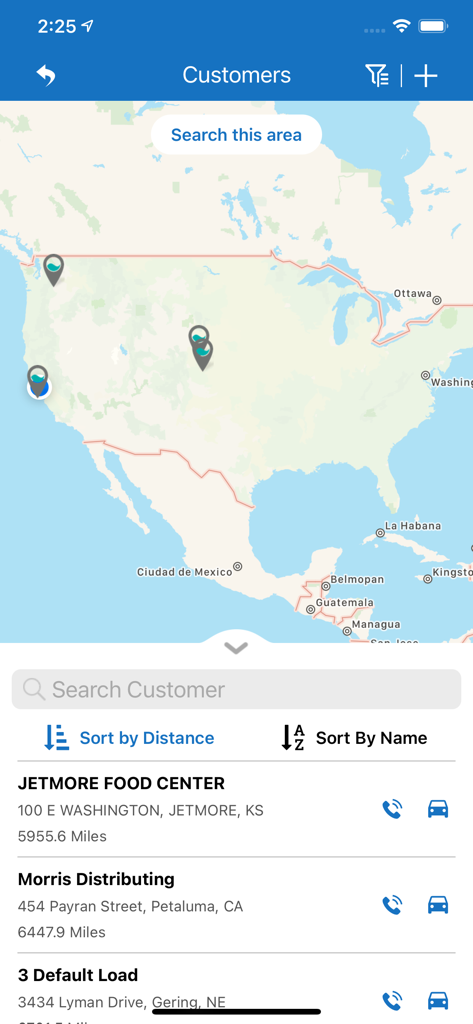 Encompass Mobile App screenshot showing a customer list and map view for route planning and delivery management