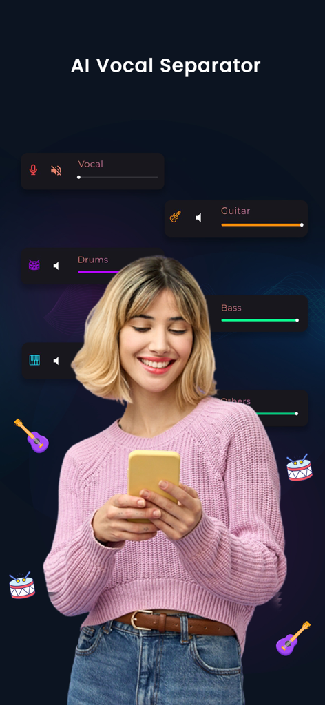 A woman using the unMix app on her phone to separate music stems like vocals, guitar, drums, and bass