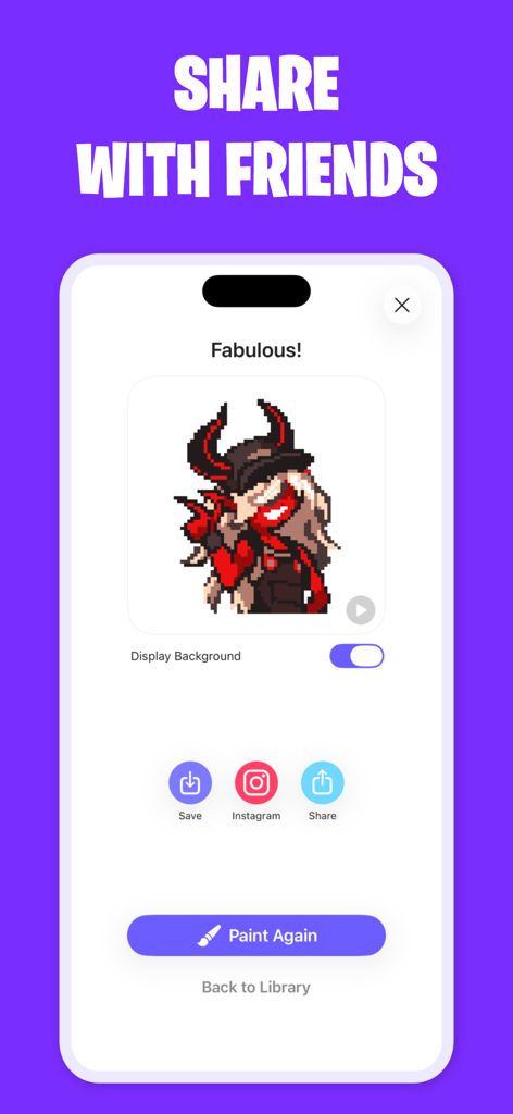 Pixelnite for Fortnite - Sharing a completed pixel art Fortnite skin on the Pixelnite app interface.