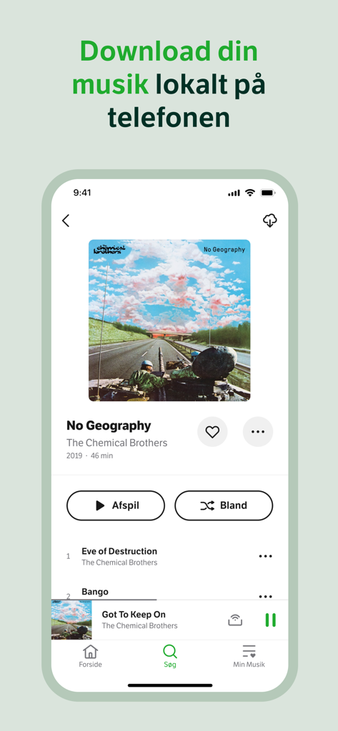 Smartphone-Screenshot der YouSee Musik App, der eine Albumseite mit Optionen zum Herunterladen von Musik für die Offline-Nutzung zeigt.