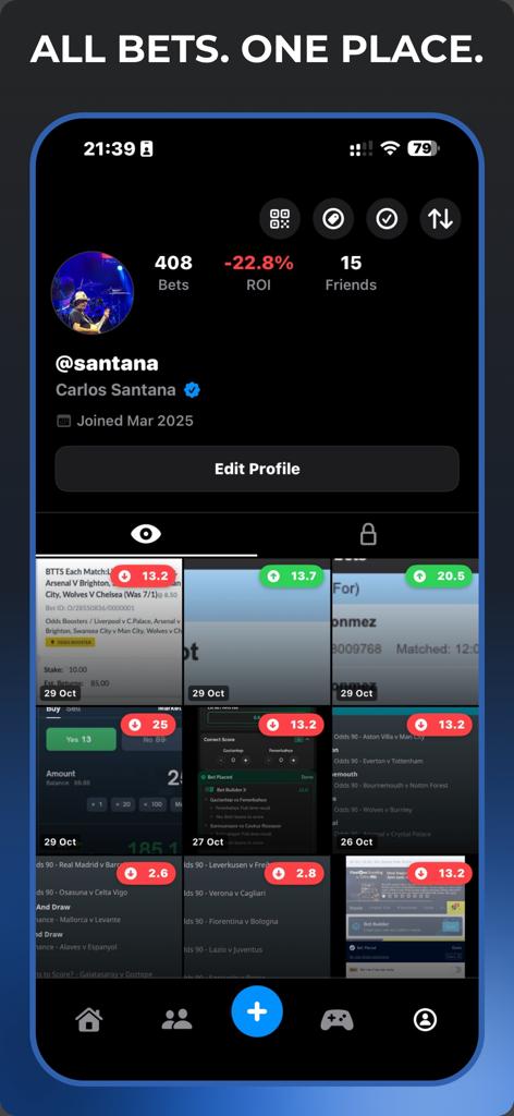 Zort app user profile displaying total bets, ROI percentage, and a centralized grid of scanned sports betting slips.