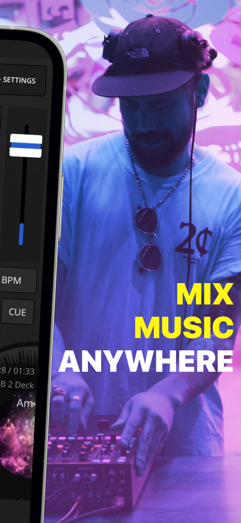 DJ Control - Remix music live - A mobile phone showing the DJ Control app interface with a person mixing music in the background
