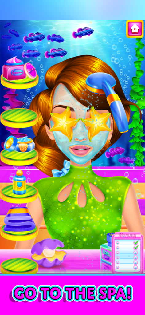 Un personaje de sirena en un juego de salón de belleza recibiendo un tratamiento de spa facial con mascarillas de carambola en los ojos