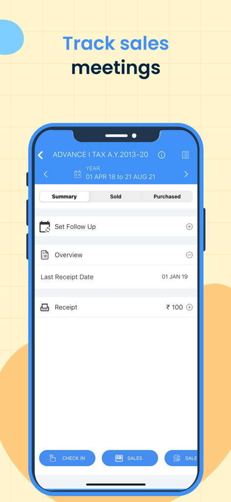 Biz Analyst App for Tally User - Una pantalla móvil de la aplicación Biz Analyst mostrando una interfaz de seguimiento de reuniones de ventas con resumen financiero y detalles del recibo.
