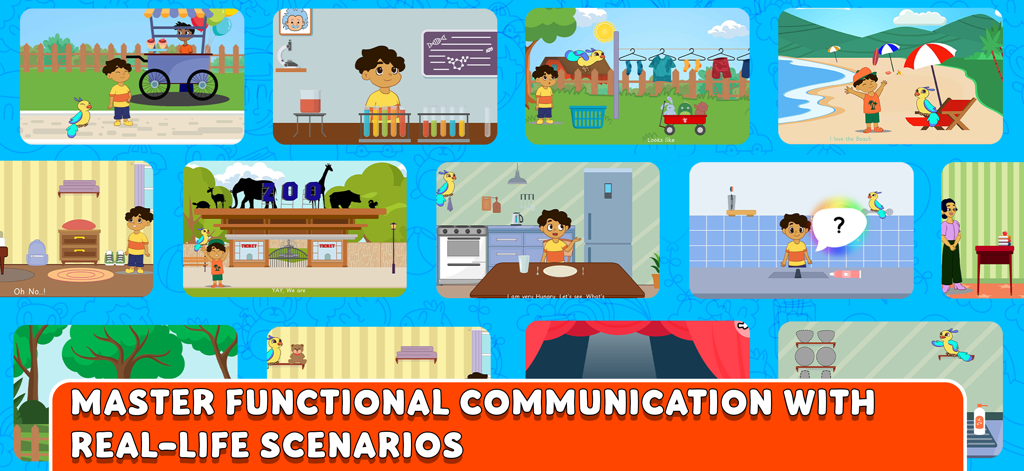 Speakaroo: Speech Therapy - Screenshots of Speakaroo speech therapy app featuring various real-life communication scenarios for children
