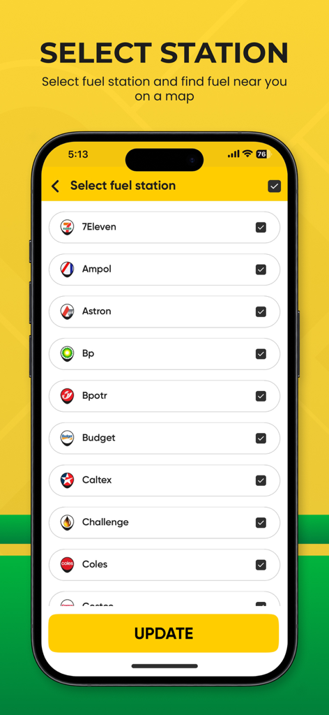 Interfaz de la aplicación Fuel Watch que muestra una lista de gasolineras como BP y 7-Eleven para seleccionar para la comparación de precios