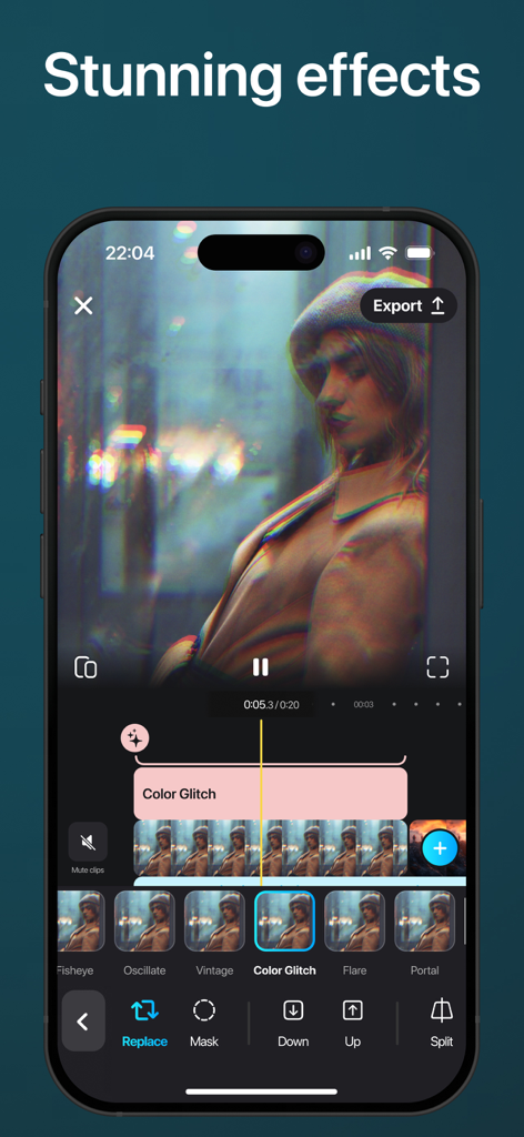 SnapCut: AI Video Editor Maker - Applying a color glitch effect to a video in the SnapCut mobile app interface.