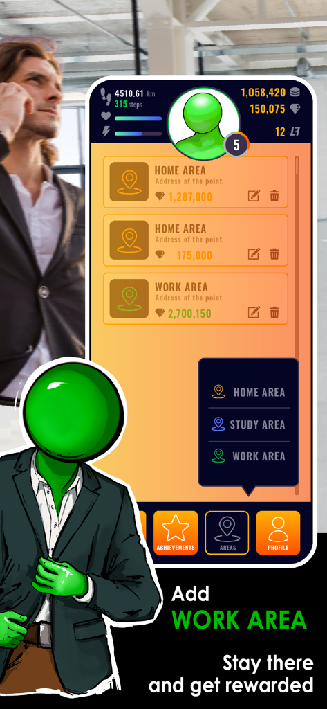 Life2App Activity & Time - Screenshot of Life2App interface for adding work and home areas to track daily activities and earn rewards.