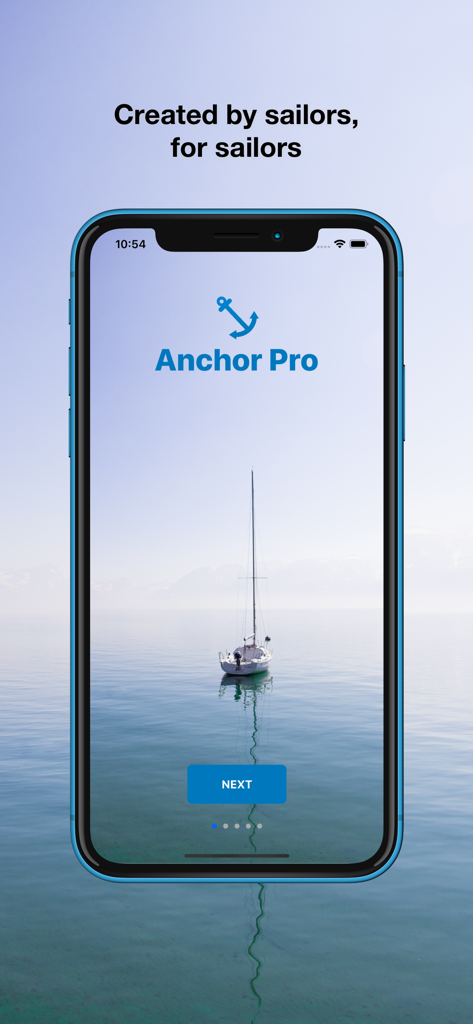 Anchor Pro - Écran d'accueil de l'application Anchor Pro avec un voilier sur une eau calme et le logo de l'ancre