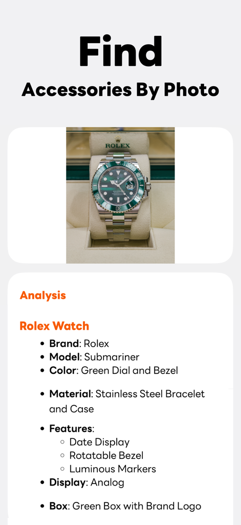 Buster AI - Buster AI app screenshot showing the identification and detailed analysis of a Rolex Submariner watch from a photo