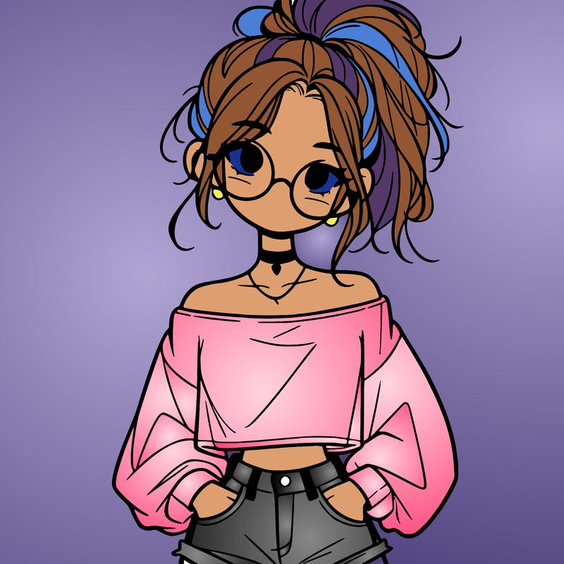 girl with a messy ponytail glasses a baggy crop top and jean shorts