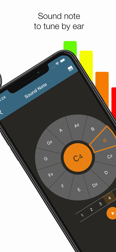 Digital pitch pipe interface on a smartphone screen showing a note selection dial for tuning by ear.