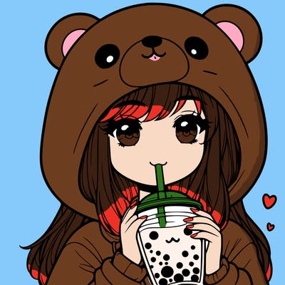 cute girl drinking boba with a bear hoodie realalistic