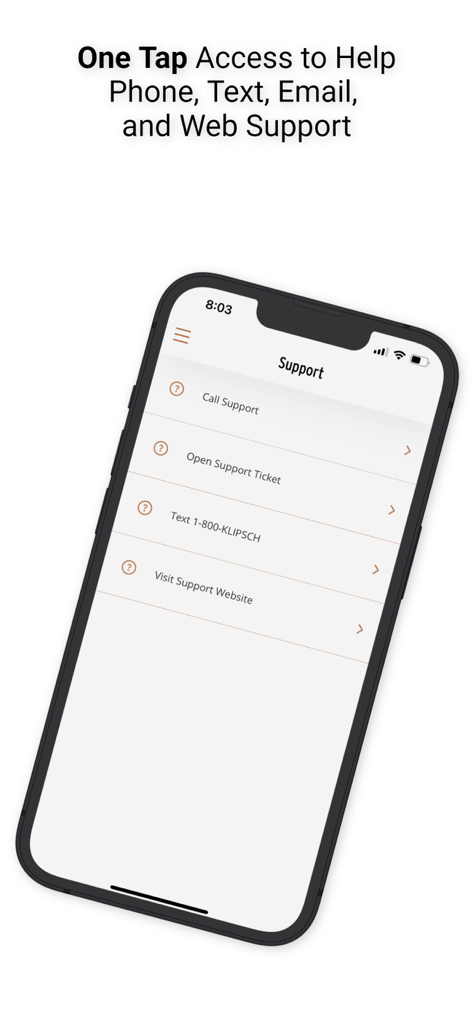 Klipsch Connect Plus app support screen showing options for phone text and web help