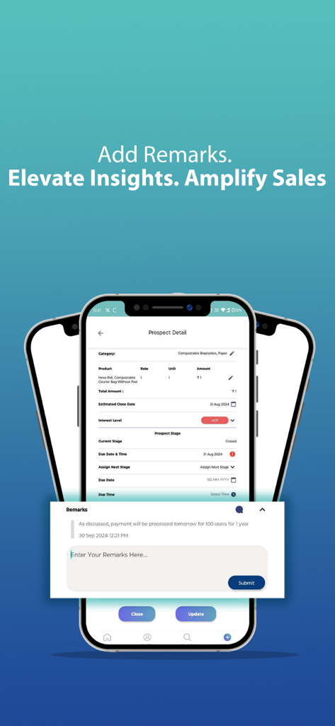 Sales-Tracker - A mobile screen showing prospect details and an add remarks field in the Sales-Tracker CRM app