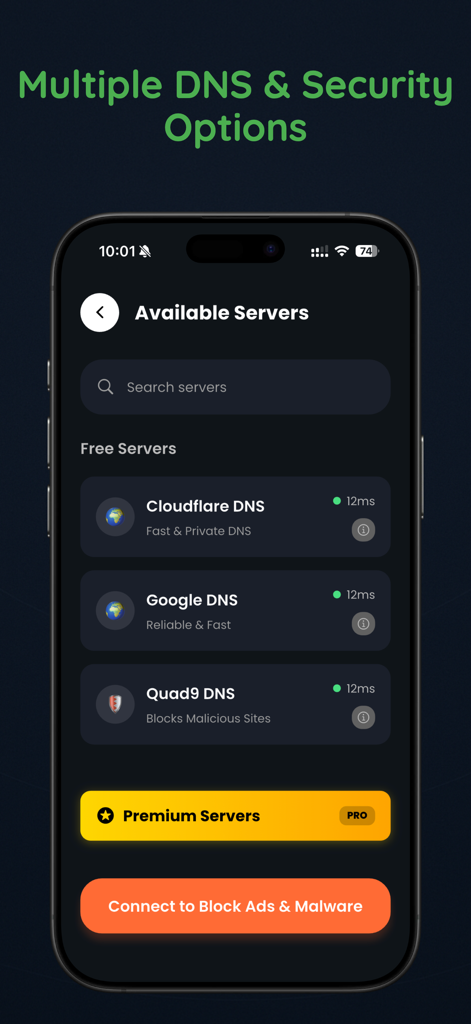 DNS Cloak: Secure VPN & Proxy - DNS Cloak app screen showing a list of available free DNS servers including Cloudflare and Google DNS