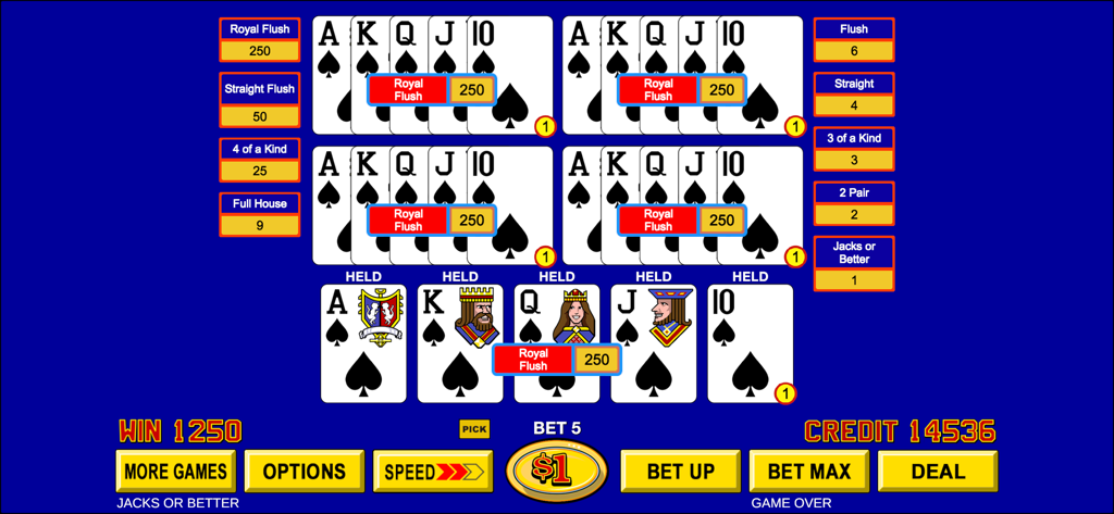 Video Poker ™ - Classic Games - クラシックなJacks or Betterビデオポーカーのゲームプレイに、複数のハンドでのロイヤルフラッシュの勝利が表示されている。