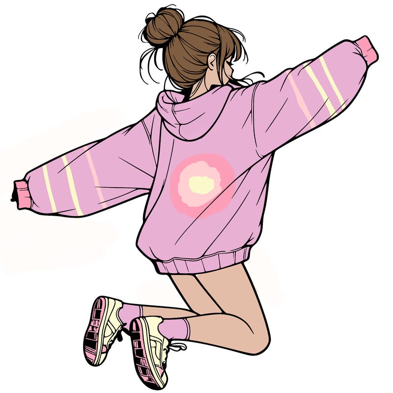 realistic girl jumping with a bun and oversized sweatshirt