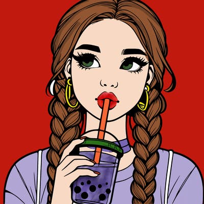 realistic girl with braided hair drinking boba