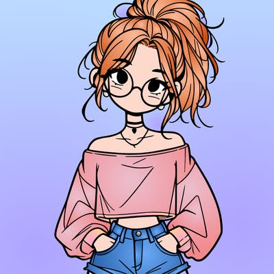 girl with a messy ponytail glasses a baggy crop top and jean shorts