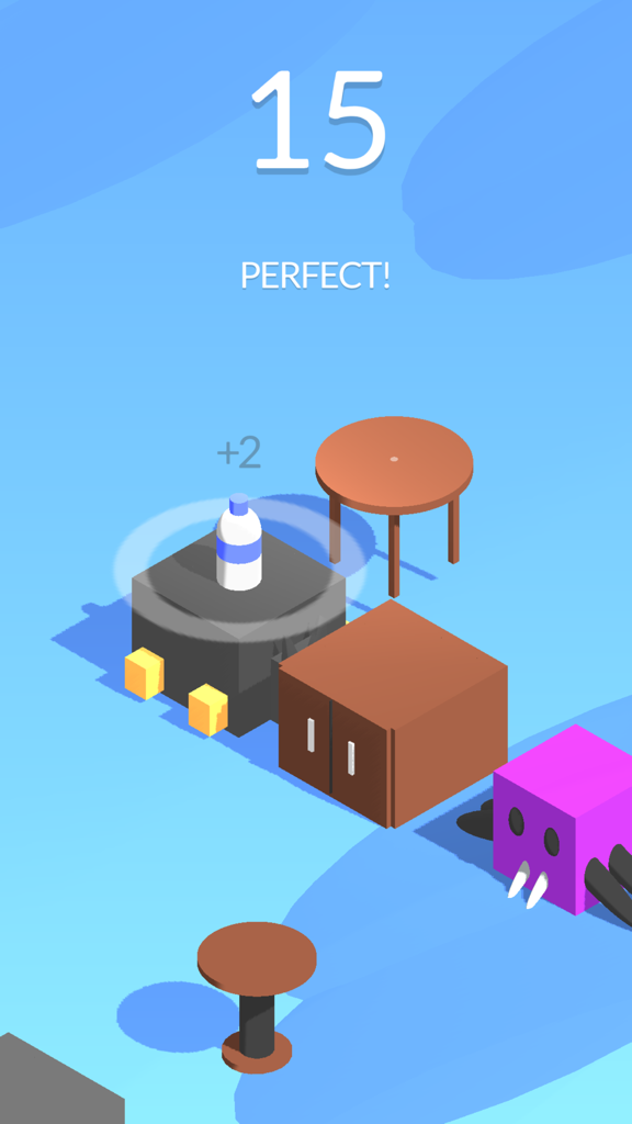 Bottle Flip! - Bottle Flip game screenshot showing a bottle landing on a platform with a score of 15 and a perfect message.