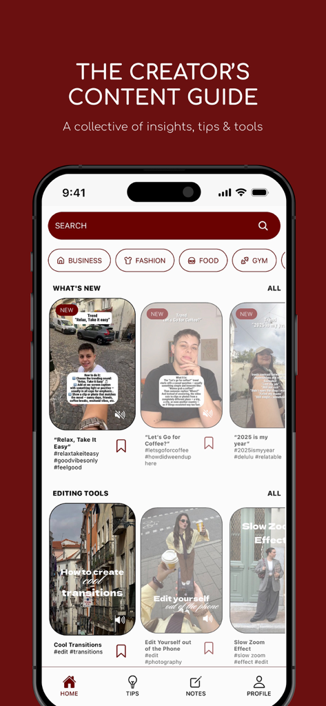 The home screen of My Creator App displaying sections for what's new in social media trends and editing tools for content creators.