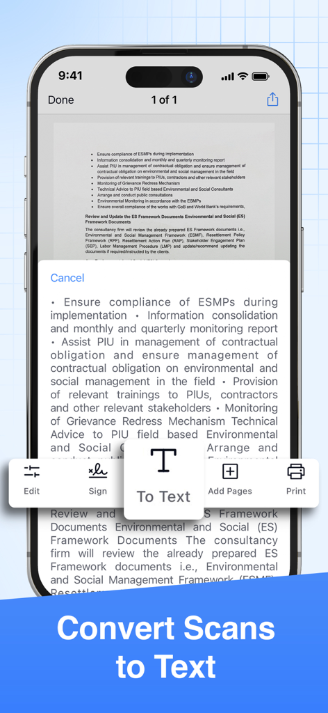 OCR 기술을 통해 스캔한 문서의 텍스트 변환을 보여주는 모바일 앱 인터페이스