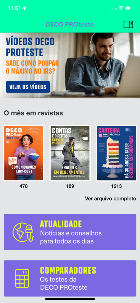 Pantalla de inicio de la aplicación DECO PROteste Revistas que muestra secciones de noticias de revistas de protección al consumidor y herramientas de comparación de productos