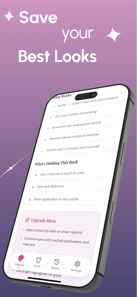 GlowFit: Makeup & Style AI - Pantalla de análisis de maquillaje IA de la aplicación GlowFit y sugerencias de mejora de estilo