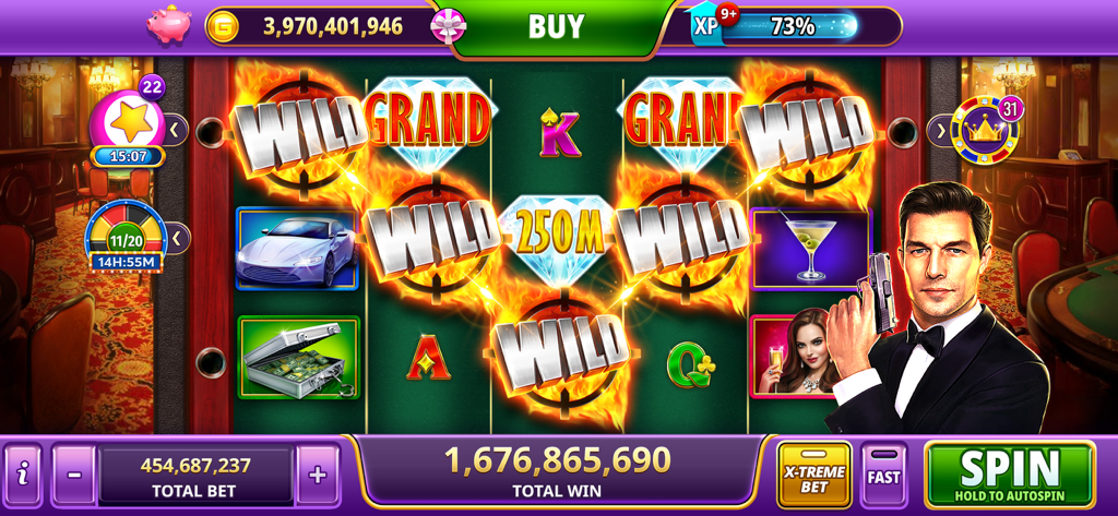 Pantalla de juego de Gambino Casino Slots con temática de espías, símbolos wild y un gran contador de ganancias totales