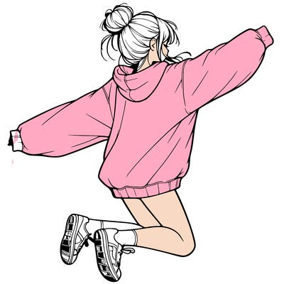 realistic girl jumping with a bun and oversized sweatshirt